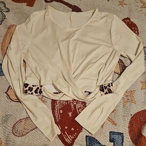 Fabletics Beige Twist Blouse with Animal Print Accents